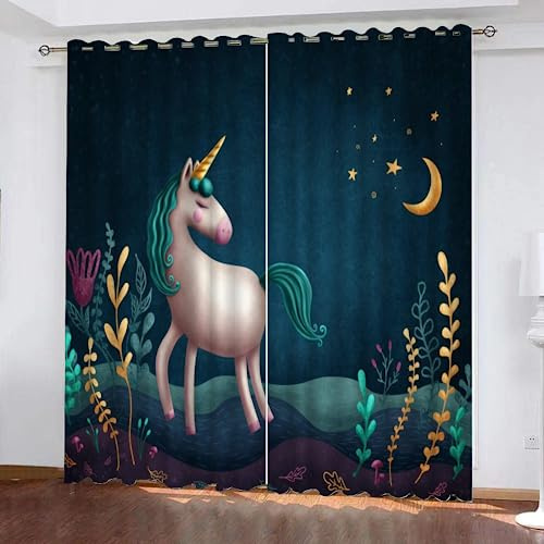 GIOVIA 3D Einhorn Gardinen Abdunkelnde Mond Sternenhimmel Kindervorhänge Vorhang mit ösen 2er Set Vorhänge Blickdicht Verdunkelungs für Kinderzimmer Schlafzimmer Wohnzimmer B 140 X H 160 cm