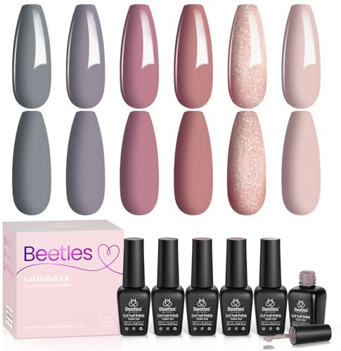 Beetles Grau Gold Glitter Nagellack Set - 6 Farben UV Nagellack Sanfter Charme Gellack Set Starter Nailgel Design Geschenk Trocken für Frauen Anfänger Nail Art 7.5ml