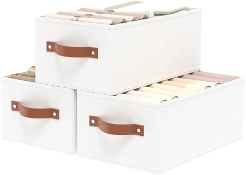 OUTBROS 3 Cajas de Almacenamiento Plegable, Contenedores Almacenaje Tela de Tejido con Manija, Cesta Organizadoras, Para Estantes, Armarios, Salas de Estar, 41x25x16.5 cm, Blanco