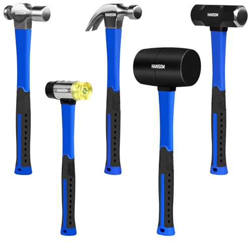 HANSOM 5-Pack Hammer Set,Rubber Mallet 32oz, Double-Faced Mallet 22oz,16oz Claw Hammer,16oz Ball Peen Hammer,3lb Sledge Hammer,Ergonomic Handle