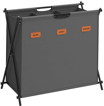 SONGMICS Laundry Hamper, Laundry Basket, 135 L Laundry Sorter 3 Sections, Collapsible X-Frame, Clothes Organiser with Customisable Labels, Laundry Room, Bedroom, Bathroom, Slate Grey LCB130G01