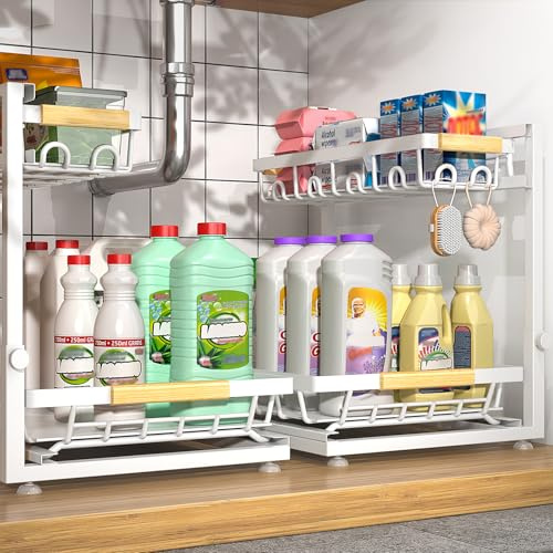 Sevenblue 2 Packs Under Sink Organizer, Height Adjustable 3 Tier Under Kitchen Sink Organizer, Multi-Purpose Storage Shelf for Kitchen Bathroom Cabinet (White, Large)