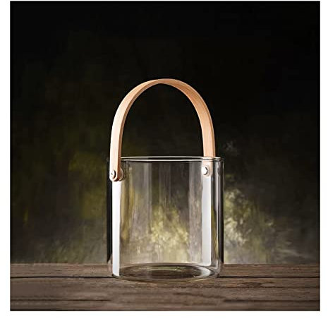 SDA287MZ Eiseimer Transparenter Glas-Eiskübel, Kleiner Eiswürfelbehälter, Champagner-Bier-Weinkühler mit Bambusgriff for Gefrierschrank-Cocktail-Bar-Party Eiswürfelkühler