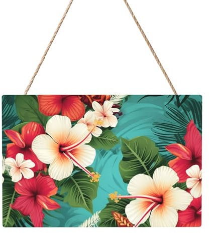 Holzkreise zum Basteln, 20,3 x 30,5 cm, Holzscheiben, hawaiianische Blumen auf grünem Hintergrund, Holz-Türhänger, Hängeschild, rechteckige Holzscheiben mit Bindfaden, Holzornament für Schild,