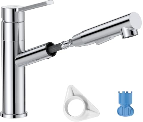 DAYONE Grifo de cocina cromado SUS304 de acero inoxidable con alcachofa extraíble, grifo de cocina de alta presión con 2 tipos de chorro, giratorio 120 °, grifo mezclador de cocina