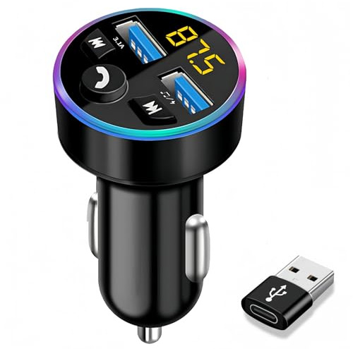 YCTech Bluetooth FM Transmitter, Universal Car Charger Adapter with Dual USB Fast Charging, USB-C Converter, Hand-Free Calling, Wireless Radio Receiver & Music Player (USB-C Converter Included)