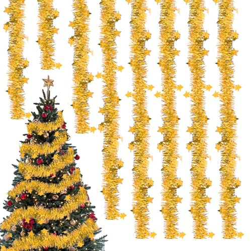 8×2m Weihnachten Lametta Girlande,Gold Christmas Garland Weihnachten,Weihnachtsdeko Gold Christmas Garland,Glänzende Lametta Weihnachtsbaum Girlande Christbaum Dekoration