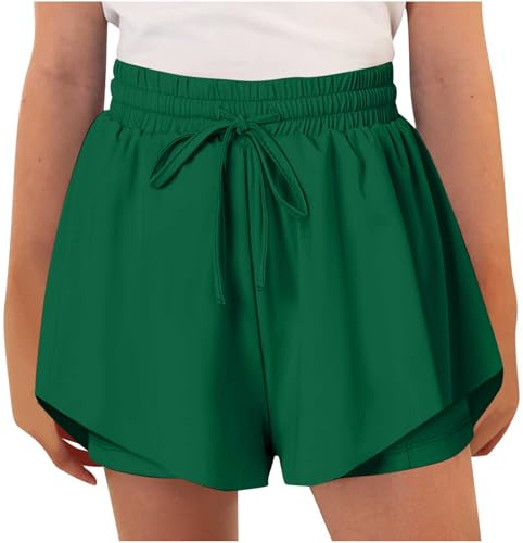 AMhomely Girls Sports Shorts 2 in 1 High Waisted Running Dance PE Shorts Breathable Flowy Athletic Skort for Ages 6-14 Years Green