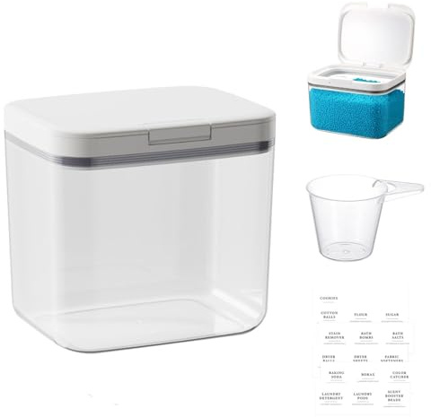 Mujiluxe Waschpulver Aufbewahrungsbox,Waschmittelbox,Waschpulver box,2.8l | Inklusive Deckel, waschmittel dosierer und Etikett, Geeignet für Waschmittelkapseln, Mehl und Waschmittel, Transparentweiß