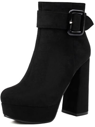 Hykytyhk Women's Booties with Heel Platform Buckle Ankle Boots Chunky Block High Heels Side Zipper Short Booties Black US 6