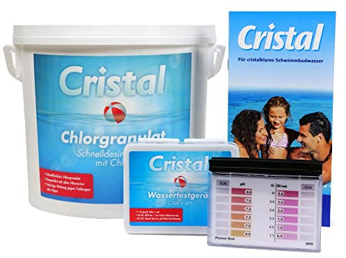 Cristal Pool Chlorgranulat 5 kg - Schnell löslich - inkl. Wassertestgerät pH Chlor - Pflegebroschüre - Schnelldesinfektion mit Pooltester manuell