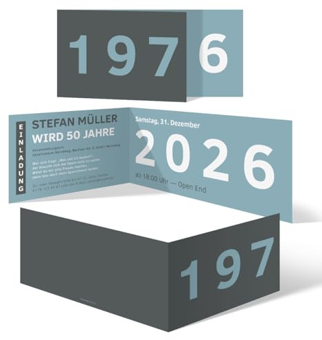 Kartenmachen.de Personalisierte 50 Jahre Runder Geburtstag 2026 Einladungskarten ab 10 bis 100 Stück - Jahrzehnt Sprung