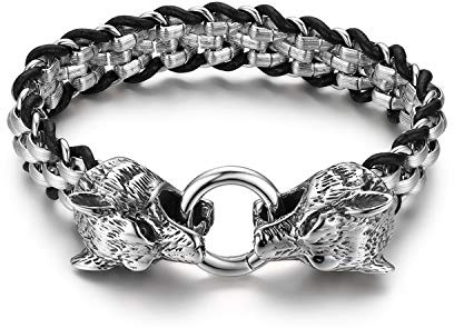 OIDEA Herren Wikinger Wolfskopf Armband: Totenkpof Schädel aus Leder Edelstahl Wolf Drachen Kopf Viking Handgelenk Schmuck Geschenk für Männer Familie Freund