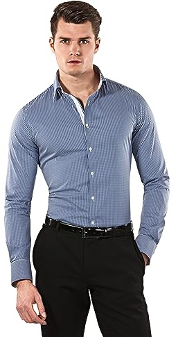Vincenzo Boretti Chemise Homme, Coupe particulièrement cintrée Body-fit, élastique-défroissable, mélange de Coton, Manches-Longues, col Kent, à Carreaux - Facile à Repasser Bleu foncé 39-40