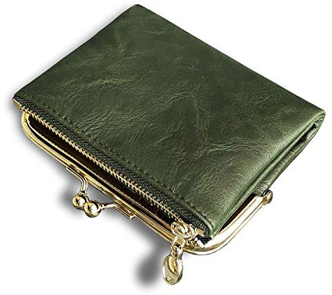 AOXONEL Damen-Geldbörse, klein, RFID-Geldbörse für Damen, kompakt, Bifold Leder, Vintage-Münzgeldbörse mit Reißverschluss und Kussschloss, grün, S, Vintage-Stil
