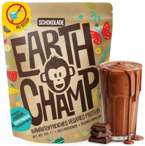 EarthChamp Vegan Protein Pulver Schoko 1kg Ohne Soja (ohne Dosierlöffel) | Ohne künstliche Süßstoffe, keine Sucralose - laktosefrei & glutenfrei, mit Vitamin D, B6 & B12, ideal für Shakes & Smoothies