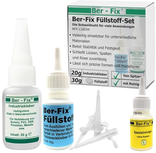 Ber-Fix Füllstoff Set M Schweißnaht Kleber aus Berlin aus 20g Industriekleber und 30g Granulat 2k Kleber extra stark Metall Kunststoff PVC ABS PLA + Reiniger+ 3 Spitzen + Reiniger
