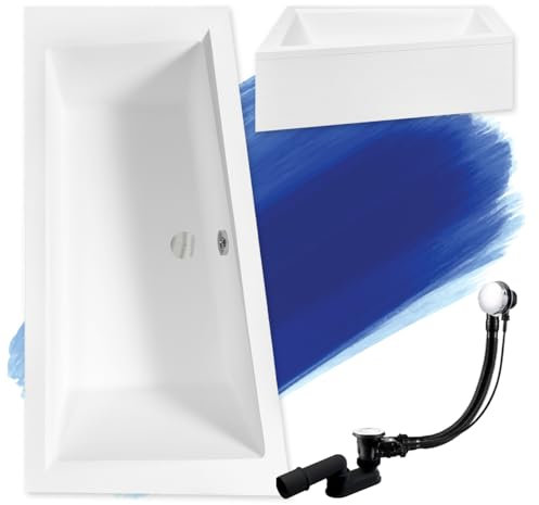 BADLAND Badewanne Original Weiß Acryl Wanne Eckbadewanne INTIMA 160x90 Links KOMPLETTSET SET mit Weiß Acrylschürze + Füßen und Exklusive Chrom Automatik Ablaufgarnitur Made in EU 4in1
