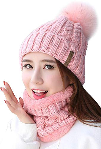 Damen Wintermütze , Weichem Innenfutter Strickmütze und Schal mit Fleecefutter,Winter Wärme Beanie Mütze Strickschal Set,Schlauchschal Hüte Mützen mit Kunstpelz Bommel Pom (Rosa)