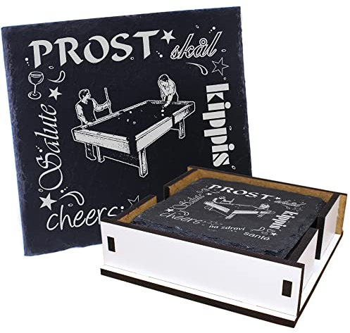 5X Schiefer Untersetzer - Prost Billard - inkl. Holzbox & Flaschenuntersetzer Deko Glasuntersetzer Tassenuntersetzer
