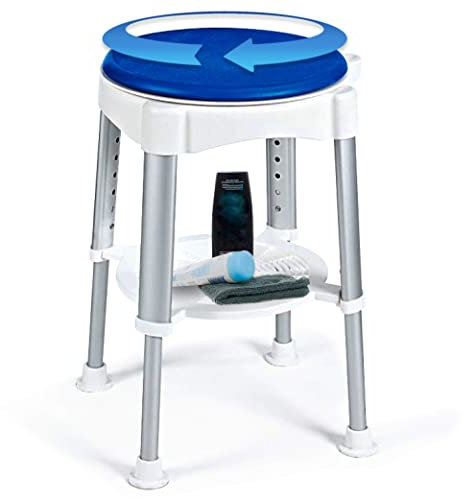 Maximex Badhocker, Rutschsicherer Duschhocker für Senioren mit Anti-Rutsch-Füße & praktischer Ablage, 7-Fach höhenverstellbarer Duschstuhl mit drehbarer Sitzfläche, Tragkraft Duschhocker 150 kg