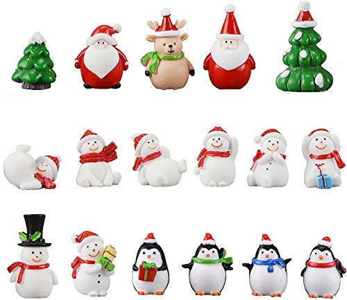Ornamenti in Miniatura di Natale, 17 Pezzi Resina Mini Statuette Natalizie Carino Pupazzo di Neve Albero di Natale Pinguino Babbo Natale Decorazioni Natalizie per Giardino Tavola Casa delle Bambole