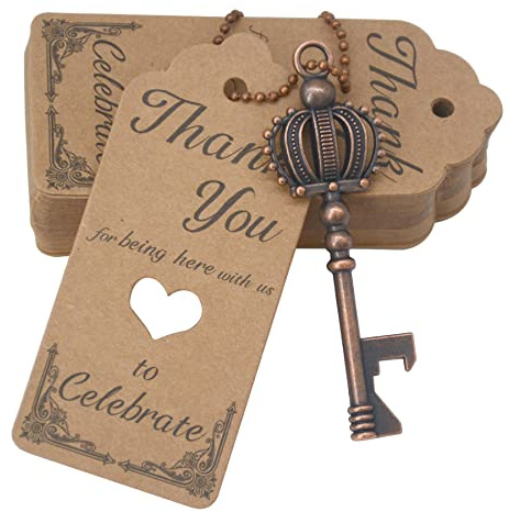 Makhry 52pcs Kronen Form Vintage Schlüssel Flaschenöffner Hochzeit-Kupfer | Gastgeschenk Set mit Escort Dankeschön Karte und Schlüsselbund,Vintage Hochzeit Souvenir für Gäste Party Dekoration