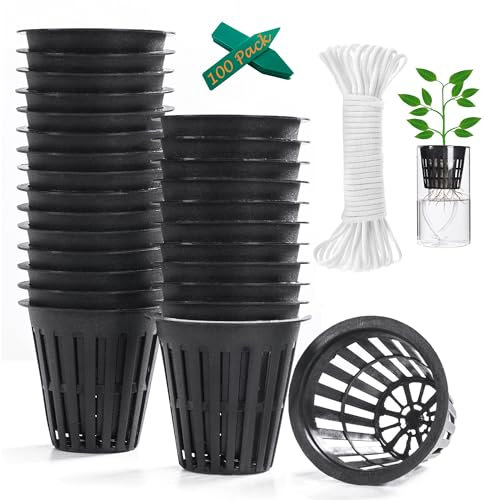 ORIMERC 100 Pack 2 inch (5cm) Net Cup Pots with 30m Watering Wick & 100 Plant Labels for Hydroponic Aquaponics Kratky Indoor Outdoor Growing Netted Baskets Slotted Mesh UV Resistant & BPA Free