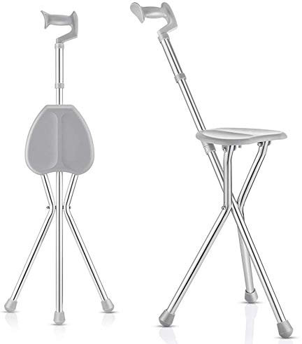 GGZONE Bâton de Marche Bâton de Marche Pliant Hauteur Réglable 3 Pieds Canne Chaise avec Sièges Béquille Tabouret pour Personnes Âgées Portable Unisexe Antidérapant Télescopique Alliage d'Aluminium