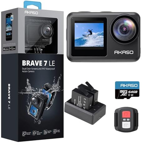 AKASO Brave 7 LE Action Cam 4K30FPS 20MP mit U3 64GB Speicherkarte Unterwasserkamera IPX7 Wasserdicht EIS 2.0 Dual Screen 40m WiFi