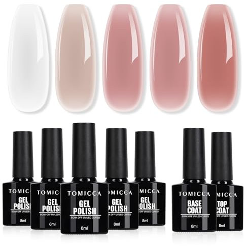 TOMICCA UV Nagellack Set - 5 Farben Gel Mit Base & No Wipe Top Coat, Milchig Weiß Rosa Nude Farben Klar Kristallgelee Soak-Off UV/LED, Nailart Starter Kit Geschenk, 7 x 8ml
