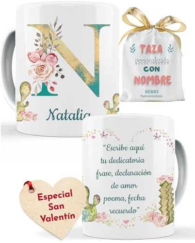 Taza personalizada con inicial (A-Z) y nombre de cerámica 325 ml para té, café, leche, apta para microondas y lavavajillas, original taza para regalar (N)