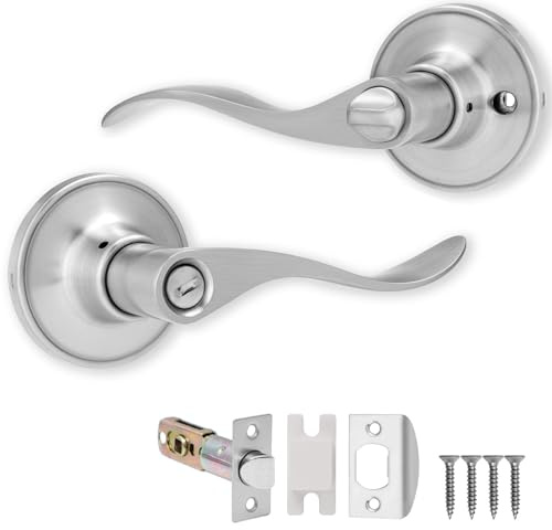 XFORT Cabriole Privacy Knob Set Satin Chrome, Keyless Door Knob with Lock for Internal Wooden Bathroom Doors, Complete Set with Tubular Latch