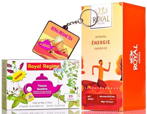 ASSORTIMENT DE 2 THÉS : 1 PAQUET ROYAL REGIME DE 25 SACHETS DE 2GR + 1 PAQUET ENERGIZE ROYAL DE 20 SACHETS DE 2GR + 1 PORTE CLEF EN SILICONE ROYAL TEA.
