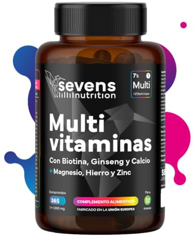 Vitaminas para el Cansancio con Magnesio y Ginseng - Multivitaminas para Hombre y Mujer -365 Comprimidos para 1 año de suministro - Complejo Multivitamínico Completo con Minerales y Ginseng- Sevens