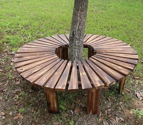 Garten-Baumbank aus massivem Holz für den Außenbereich, Gebogene, fächerförmige, runde Parkbank mit Lattensitz, rückenfreie, halbrunde Terrassen-Baumbank für Gartenmöbel im Freien,Braun