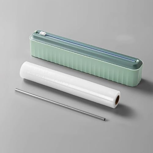 Magnetic Refillable Plastic Wrap Dispenser, Food Cling Film Wrap Dispenser with Cutter, Tin Aluminum Foil and Plastic Cling Wrap Organizer, Wax Parchment Paper Dispenser(Green)