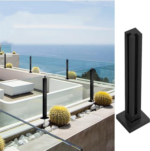 SnamicE Außengeländerpfosten aus Glas, Schwarze Glasplattenhalterung mit Stabiler Basis, Zaunpfosten-Set für Balkon/Terrasse/Veranda, Trennsäule aus Metall (Baluster),Black-Corner Post-100cm(39 3/8)