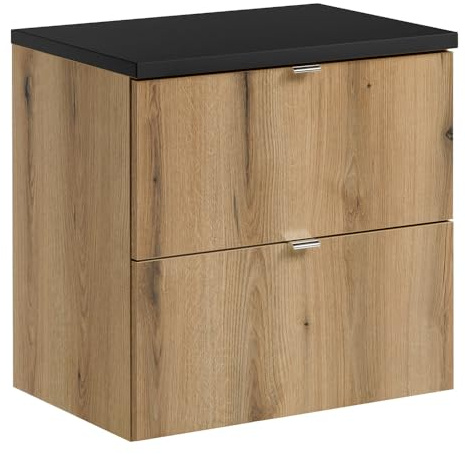 Lomadox Meuble sous lavabo de salle de bain, 60 cm, chêne et noir, faible profondeur (40 cm)