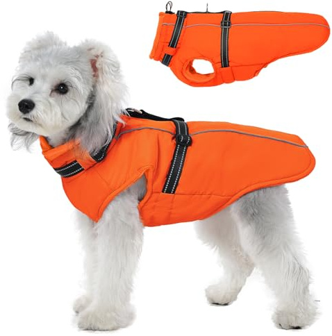 Lelepet Hundemantel für den Winter, Warme Hundejacke mit integriertem Geschirr, Winddicht Mantel mit Fleece Gefüttert für Hunde, Reflektierende Hundeweste für Kaltes Wetter, Orange S