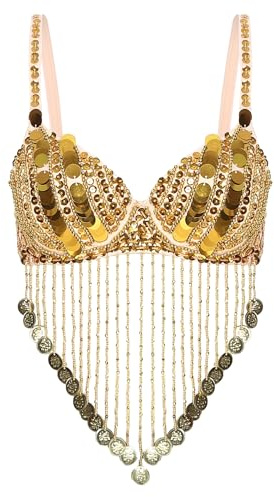 MSemis Top de Danza del Vientre para Mujer Sujetador de Danza Oriental con Adornos de Lentejuelas y Flecos Top de Baile Latino Salsa Dorado A M