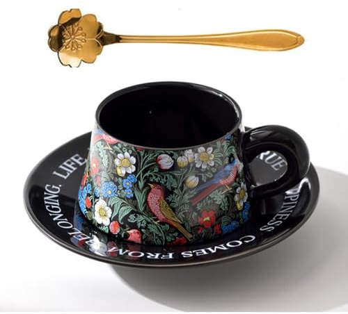 Eplze Morris Style Ceramic Cup& Saucer Set, 9oz- Birds and Floral (Black)