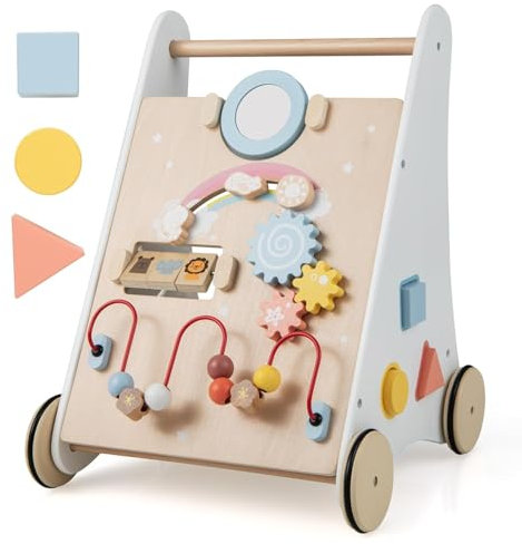 FANTASK Girello 7 in 1 in legno, carrello scorrevole con scatola di immagazzinaggio, colore bianco, girello con tavoletta, specchio e blocchi di costruzione, aiuto per bambini a partire da 1 anno
