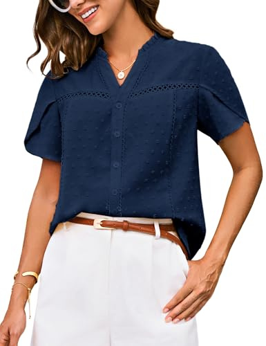 GRACE KARIN Blusa Elegante Donna Chiffon Camicia Manica Corta Casual Shirt Estiva Scollo a V Bottoni Ufficio Blu Navy 2XL