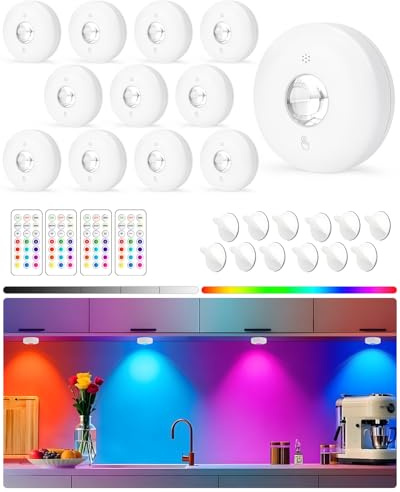 Yiliaw LED-Pucklichter mit Fernbedienung, magnetische AAA-betriebene Leuchten, Unterbauleuchten, Tippleuchten mit Dimmer & Timer für Küche, Schrank, Regal – 12er-Pack, Weiß