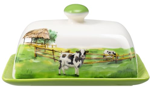 Cow Butter Dish with Lid for Countertop, Large Ceramic Embossed Butter Keeper Holder Storage, Farmhouse Butter Container Tray for East West Coast Butter Cow Kitchen Decor
