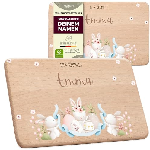 KIDSMOOD - Oster-Frühstücksbrettchen mit Namen | Schneidebrett Holz mit Osterhase-Motiv – Personalisierte Oster-Geschenke für Kinder | Holzbrettchen für Osterdeko & Osterfrühstück [22x14 cm]