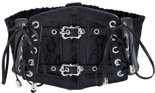 CABODYALS Cintura In Similpelle Nera con Corsetto Larga Vintage Medievale Intorno A Obi Alla Moda, Elastica con Lacci, con Fibbia In Lega, Allentabile, per Donne, Camicie, Vestiti, Accessori per Costu