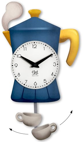 DEKORI Orologio a Pendolo da Parete Mochina – Design Tema Caffè con Tazzina e Fumo in Rilievo – 26x46 cm – Decorativo per Cucina – Made in Italy - (Blu-Gialla)