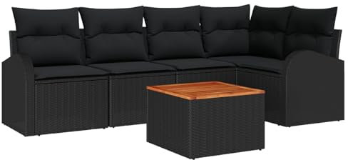 vidaXL 6-teiliges Gartensofa-Set mit Kissen in Schwarz aus Poly-Rattan und Akazie – Eck-Sitzgruppe für Terrasse und Balkon, modulares Loungeset, ideale Anordnung für Deine Sammlung.